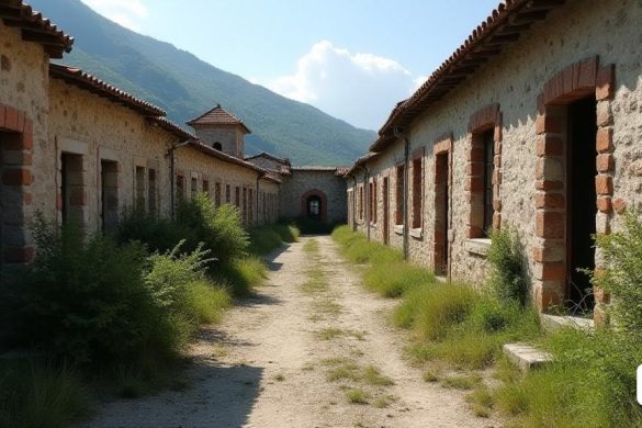un camí de terra entre dos edificis amb muntanyes al fons i herba creixent al costat de la carretera, Coppo di Marcovaldo, desolat, una pintura mate detallada, escola del Danubi