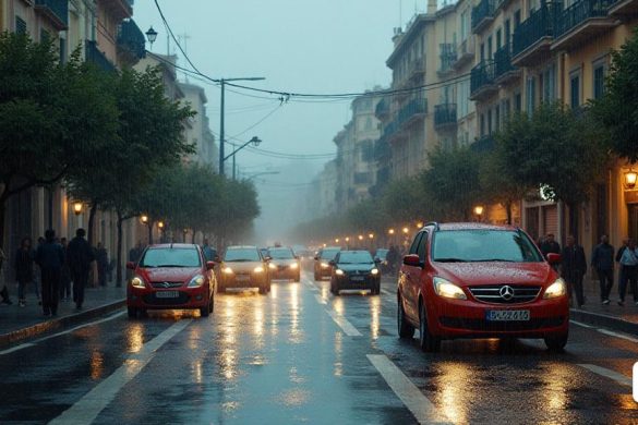 un carrer amb cotxes i gent caminant per la vorera sota la pluja a la nit amb edificis i fanals, Evgeny Lushpin, plovent, una pintura mat, fotorealisme