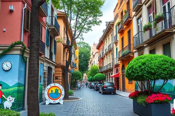 un carrer amb un mural d'un nen i un gos al costat i un rellotge al costat de l'edifici, Evgeny Lushpin, fons de la ciutat, una foto d'estoc, regionalisme