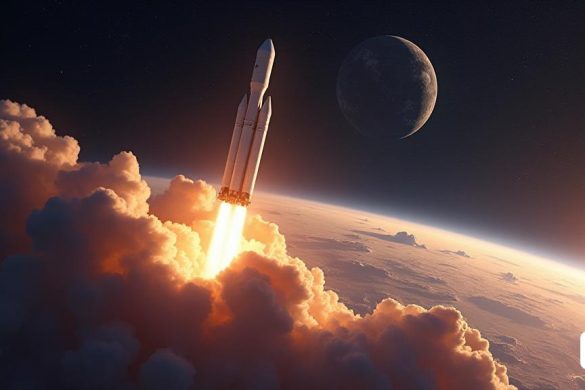 un coet vola per l'aire per sobre dels núvols i els planetes al fons, amb un sol brillant al cel, Chesley Bonestell, renderització de desplaçament al vermell, una pintura mat detallada, art espacial