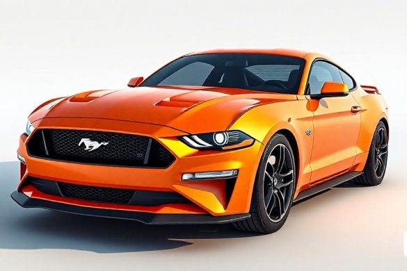 un cotxe mustang taronja brillant sobre un fons blanc amb una ombra del cotxe a terra i la part davantera del cotxe, Cornelisz Hendriksz Vroom, renderització realista, renderització digital, cobra