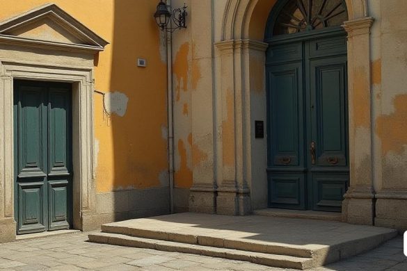 un edifici amb una porta blava i una porta verda a l'exterior i una passarel·la de pedra que hi condueix, Florence Engelbach, representació física, un barroc flamenc, accionisme vienès