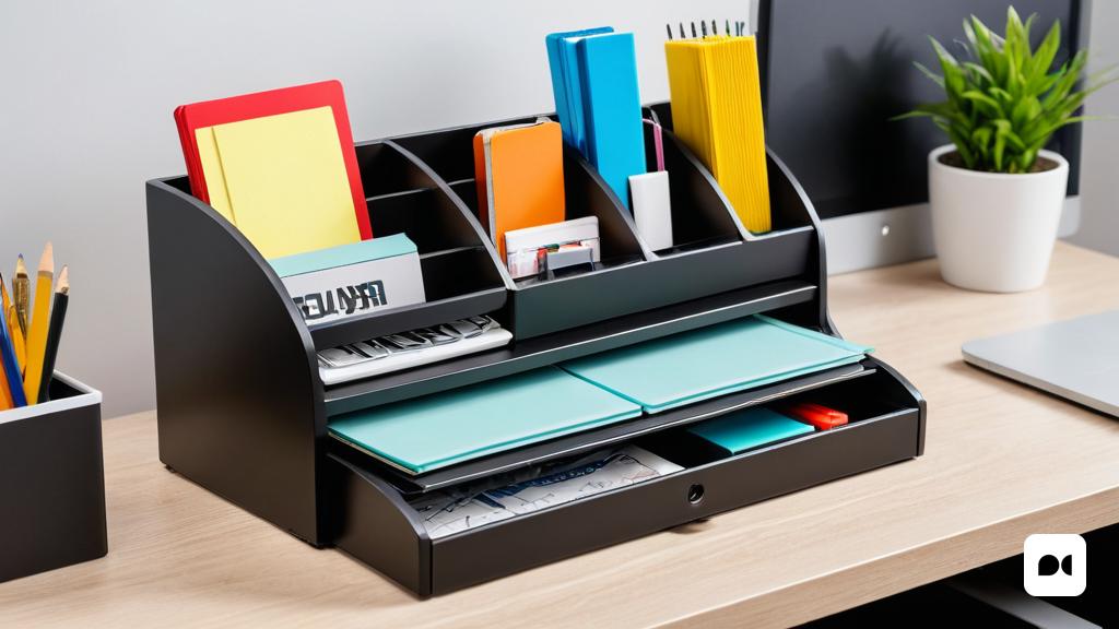 un escriptori amb un ordinador portàtil i un organitzador d'escriptori, amb un porta llapis i llapis al mig, Andries Stock, foto del producte, renderització 3D, postminimalisme