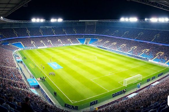 un estadi ple de gent veient un partit de futbol a la nit amb llums brillants a les grades, Daarken, panoràmica, una renderització digital, les nabis