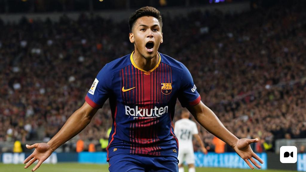 un futbolista celebra després de marcar un gol en un partit de futbol contra una multitud de persones en un estadi, Carles Delclaux és, foto realista, una pintura rupestre, cubo-futurisme