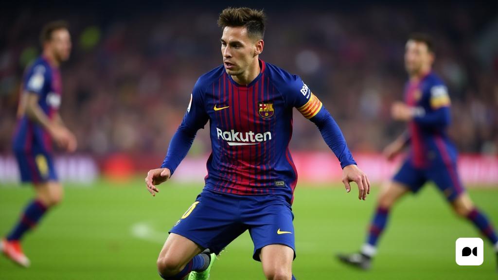 un futbolista corre amb la pilota a la mà i els altres companys estan al fons, Carles Delclaux Is, mitjans oficials, un quadre fotorealista, plasticien