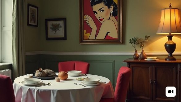 un gat assegut sobre una taula en una habitació amb un quadre a la paret i un llum al costat, Annabel Kidston, Edward Hopper i James Gilleard, una natura morta, videoart