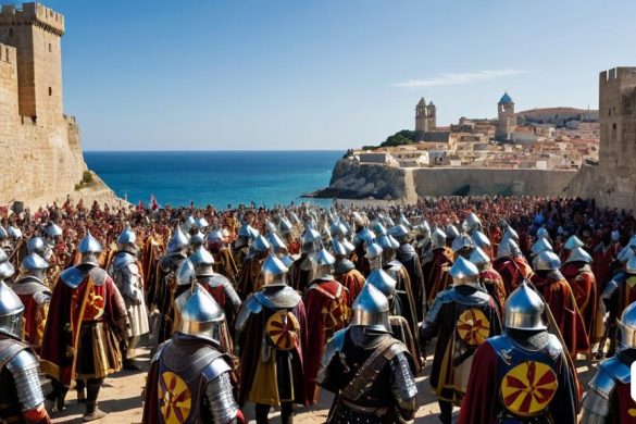 un gran grup d'homes armats situats l'un al costat de l'altre a prop d'una muralla del castell i una massa d'aigua, Edi Rama, medieval, una pintura mat detallada, antípodes