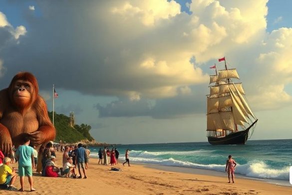un gran grup de persones a la part superior d'una platja al costat d'un vaixell a l'oceà i un goril·la gegant, Chris LaBrooy, imatge promocional, una pintura mate detallada, romanticisme americà