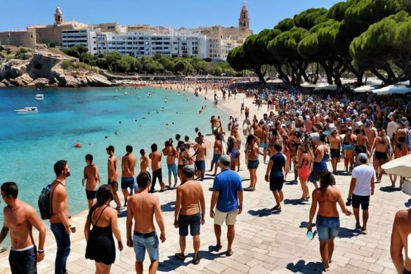 un gran grup de persones passegen per la platja prop de l'aigua i edificis a la vora d'una ciutat, Arthur B. Carles, escena enorme, una foto de desplaçament d'inclinació, regionalisme