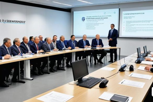 un grup d'homes asseguts a una taula davant d'una pantalla de projector amb un home dret a la part davantera de la sala, Dahlov Ipcar, mitjans oficials, una fotografia d'estoc, premsa privada