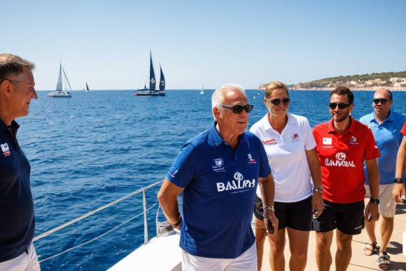 un grup d'homes dempeus en un vaixell a l'oceà amb un veler al fons i un home amb una camisa vermella, Bernd Fasching, mitjans oficials, una foto d'estoc, arbeitsrat für kunst