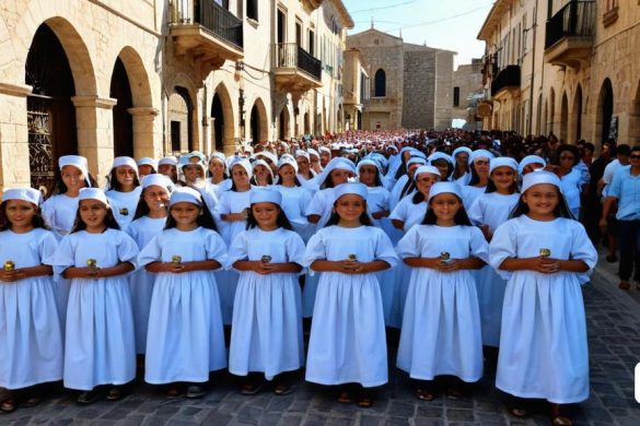 un grup de dones amb vestits blancs en un carrer ple d'edificis i gent amb camises blaves i barrets blancs, Cagnaccio di San Pietro, fotografia guardonada, una foto, hurufiyya