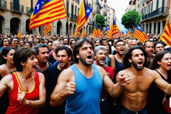 un grup de persones amb banderes al carrer i un home amb el puny en l'aire i l'altre amb la samarreta, Carles Delclaux És, foto realista, una foto, incoherents