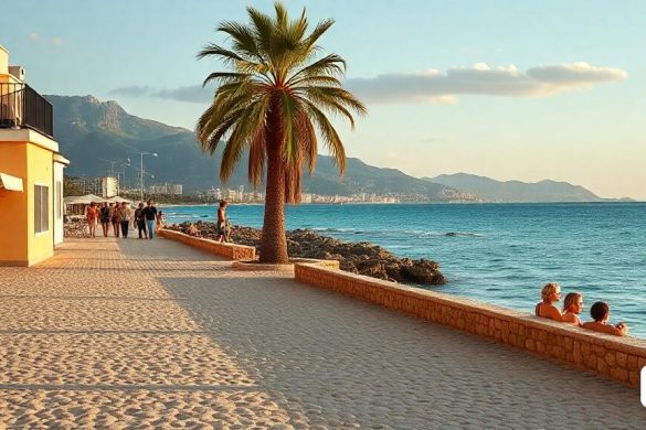 un grup de persones assegudes a una platja al costat d'una palmera i un edifici amb balcó i balcons, Bouchta El Hayani, paisatge preciós, una imatge, les nabis