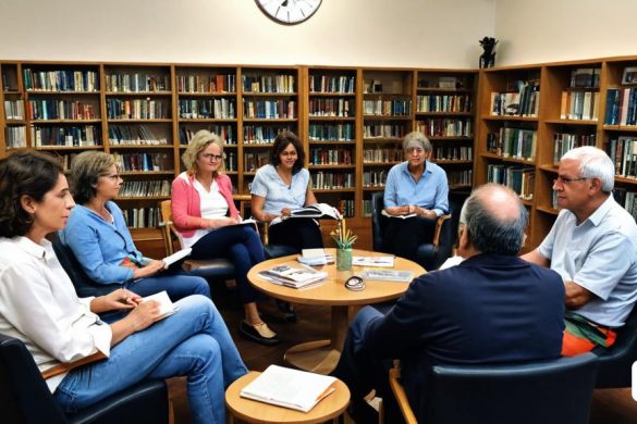un grup de persones assegudes al voltant d'una taula en una biblioteca parlant entre elles i llegint llibres als prestatges, Bernd Fasching, jurgens, una pintura renaixentista, escola de Heidelberg