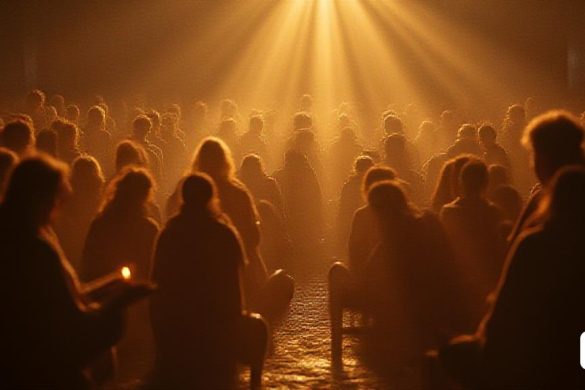 un grup de persones assegudes en una habitació amb una llum que els brilla i una espelma al mig de l'habitació, Bruce Munro, godrays, una foto, antípodes