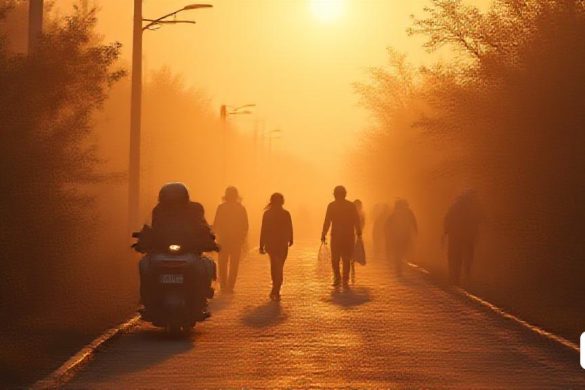 un grup de persones caminant per un carrer al capvespre amb una motocicleta en primer pla i una persona amb una motocicleta al fons, Edi Rama, llum volumètrica, una foto d'estoc, secessió de Berlín