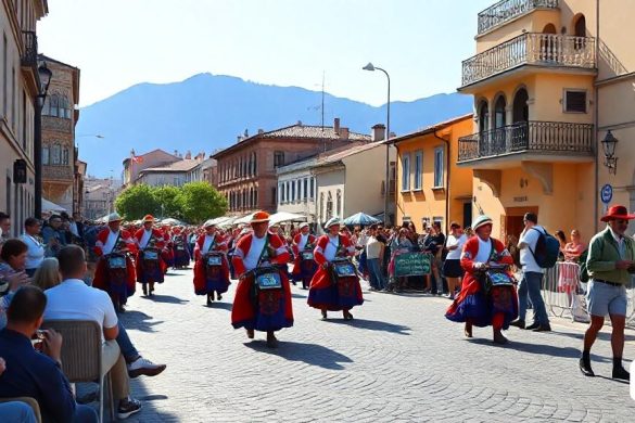un grup de persones caminant per un carrer al costat d'una munió de gent amb vestits vermells i blancs i amb paraigües, Coppo di Marcovaldo, imatge promocional, una foto, moviment kitsch