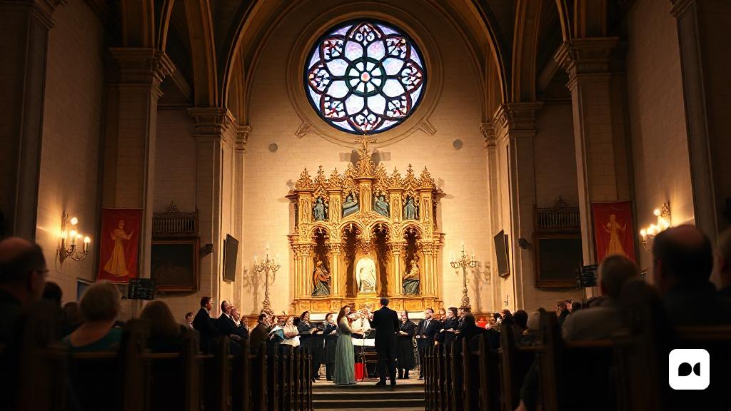 un grup de persones dempeus davant de l'altar d'una església amb un vitrall al fons i un cor en primer pla, Andrea Pozzo, imatge promocional, un barroc flamenc, barroc