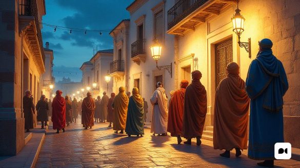un grup de persones dempeus en un carrer al costat d'un edifici a la nit amb els llums encesos i una persona amb bata, Evgeny Lushpin, fotografia cinematogràfica, una pintura mat detallada, fotorealisme