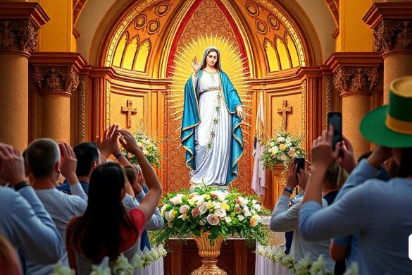 un grup de persones fent fotos d'una estàtua de la verge Maria de Guadalupe en una església amb una multitud de gent, Bouchta El Hayani, llum radiant, una foto acolorida, manierisme