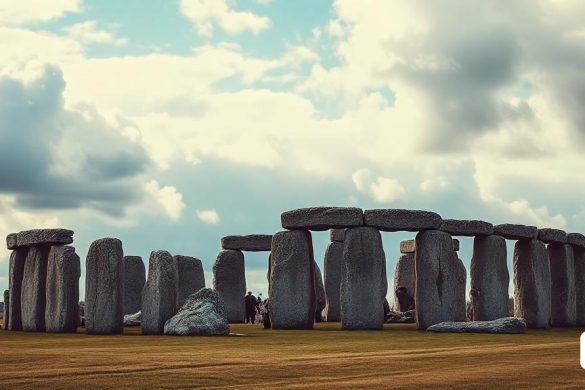 un grup de Stonehenges en un camp amb núvols al fons i unes quantes persones al voltant, Christopher Wren, mapes de tons, una foto de desplaçament d'inclinació, land art