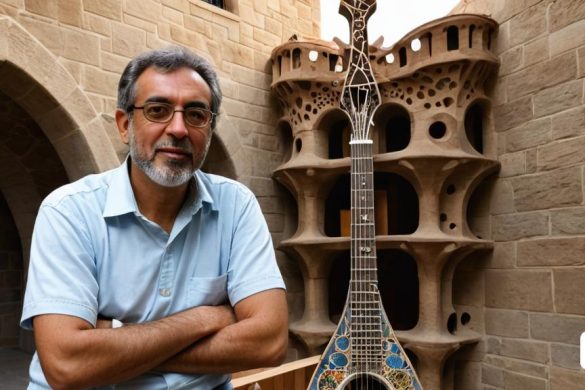 un home amb barba i ulleres recolzat a un estoig de guitarra en un entorn de castell amb una torre de llibres, Carlo Carrà, ignacio fernandez rios, retrat de personatge, romànic