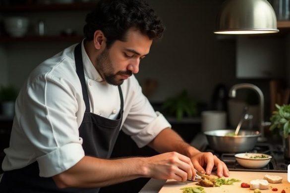 un home amb davantal talla menjar en una taula de tallar en una cuina amb la llum encesa, Carlos Berlanga, fotografia professional d'aliments, una foto d'estoc, els automatistes