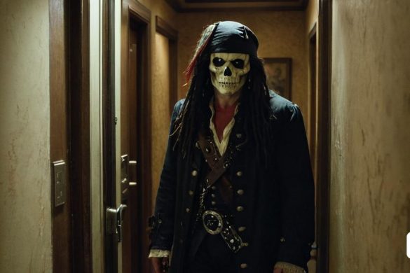 un home amb disfressa de pirata està parat en un passadís amb una calavera al cap i un barret negre, Eiichiro Oda, imatge promocional, retrat d'un personatge, vanitas