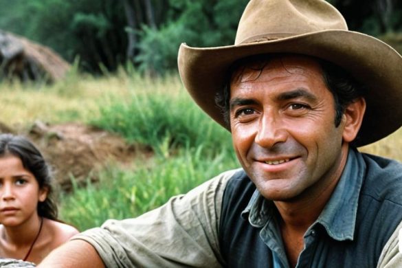 un home amb un barret de vaquer i una noia en un camp amb una vaca al fons i una vaca en primer pla, Don Arday, imatge promocional, retrat d'un personatge, romanticisme americà