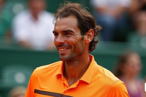 un home amb un somriure a la cara sostenint una raqueta de tennis a la mà i una multitud mirant, david rubín, músculs facials, una escultura de bronze, plasticien