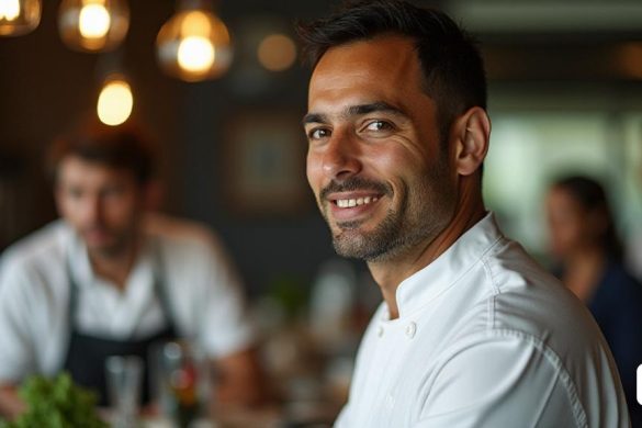 un home amb una camisa blanca somriu a la càmera mentre d'altres estan asseguts a una taula al fons, Enrico Baj, fotografia professional de menjar, un retrat de personatges, arbeitsrat für kunst