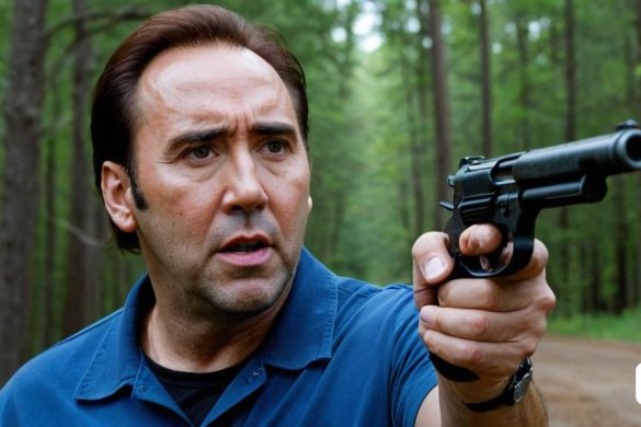un home amb una pistola en un bosc amb arbres al fons i un camí de terra en primer pla, Chica Macnab, escena d'acció, captura de pantalla, realisme americà