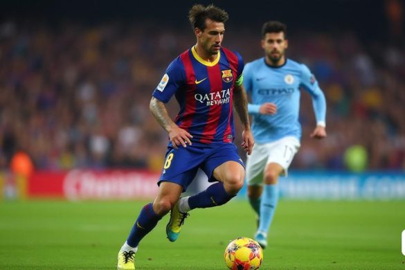 un home amb uniforme blau i vermell està donant cops de peu a una pilota de futbol en un camp amb altres jugadors al fons, Carles Delclaux Is, mitjans oficials, una pintura fotorealista, plasticien