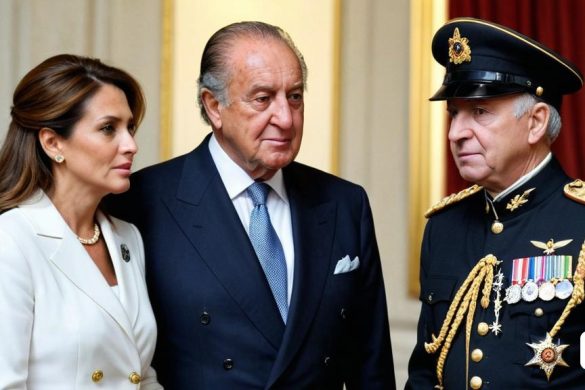 un home amb uniforme militar al costat d'una dona amb un vestit blanc i un home amb un vestit, Arthur Sarkissian, ignacio fernandez rios, una pintura surrealista, incoherents