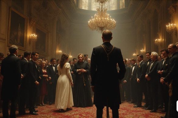 un home amb vestit davant d'una multitud de persones en una sala de ball amb canelobres, Coppo di Marcovaldo, vfx, una pintura renaixentista, manierisme