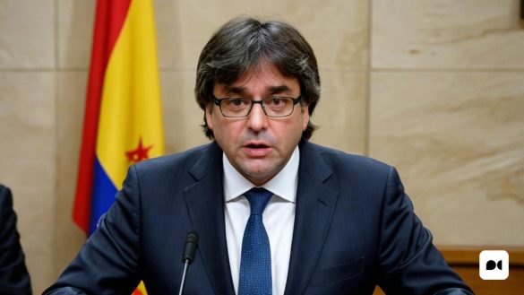un home amb vestit i corbata assegut a una taula amb un micròfon davant i una bandera al darrere, Arthur B. Carles, ignacio fernandez rios, un holograma, regionalisme