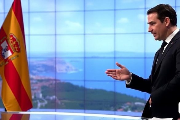 un home amb vestit i corbata davant d'un escriptori amb una bandera i una pantalla de televisió darrere, Antonie Palamedesz, vfx, a hologram, les automatistes