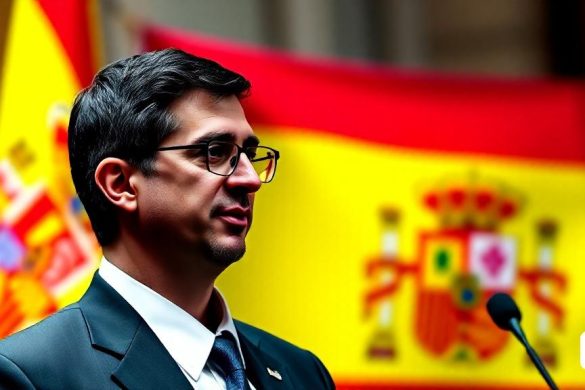 un home amb vestit i corbata davant d'un micròfon i una bandera d'Espanya darrere seu, david rubín, ignacio fernandez rios, un retrat de personatge, incoherents