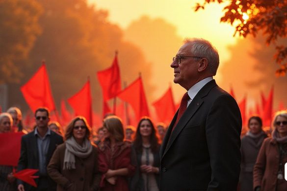 un home amb vestit i corbata davant d'una multitud de persones amb banderes vermelles darrere seu, Christo, rutkowski, una foto, secessió de Berlín