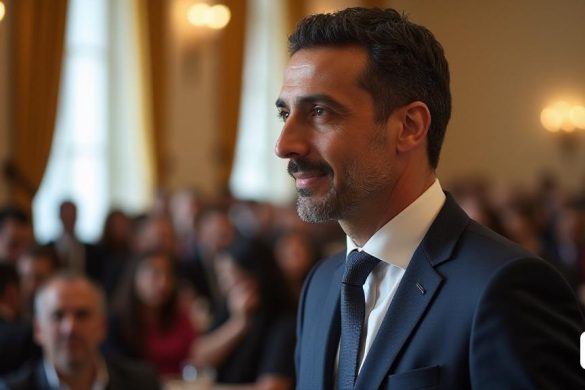 un home amb vestit i corbata davant d'una multitud de persones en una habitació amb canelobres, david rubín, ignacio fernandez rios, un retrat, premsa privada
