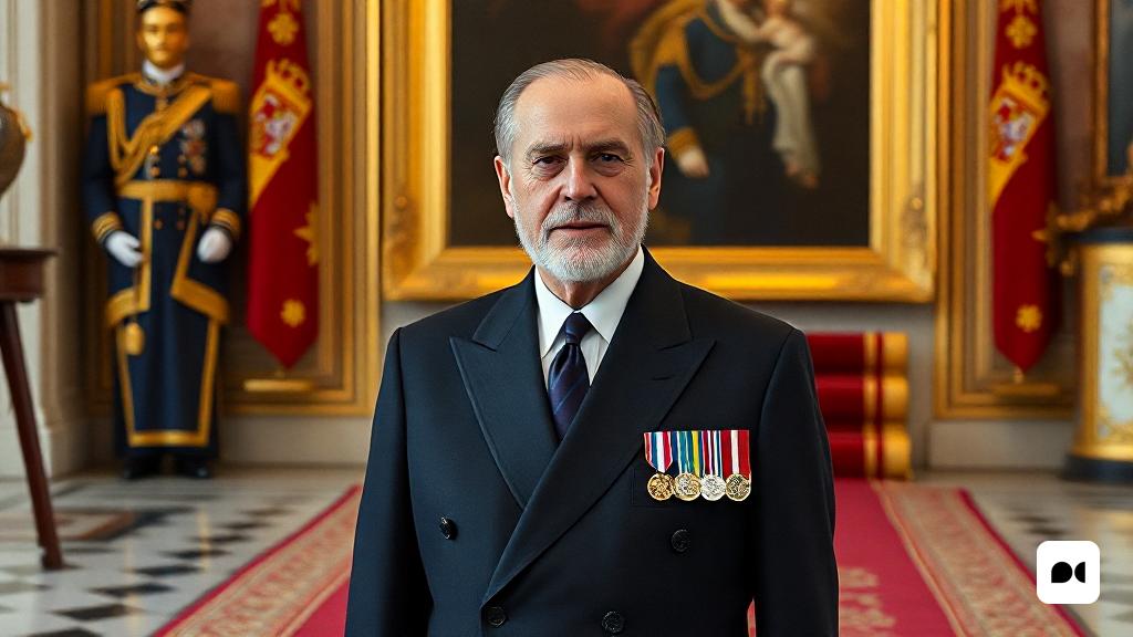 un home amb vestit i corbata davant d'una pintura d'un home amb uniforme i medalles, Andrzej Pronaszko, ignacio fernandez rios, retrat d'un personatge, premsa privada