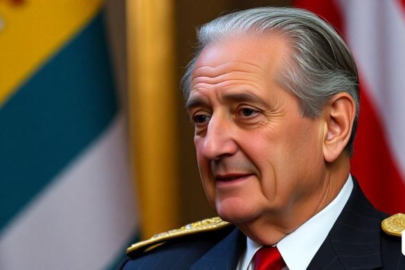 un home amb vestit i corbata davant de banderes i un pal de bandera al fons amb un home amb vestit i corbata, Caesar Andrade Faini, ignacio fernandez rios, un retrat de personatge, precisió
