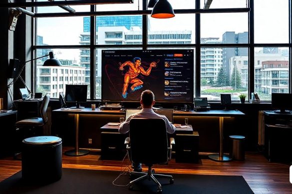 un home assegut en una cadira davant d'un monitor d'ordinador i un teclat en una habitació amb una gran finestra, Artgerm, artstation hq, gràfics per ordinador, art per ordinador
