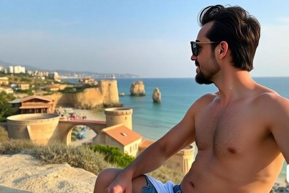 un home assegut en una cornisa amb vistes a l'oceà i una ciutat a la llunyania amb un cel blau i uns quants edificis, Clovis Trouille, pantalla panoràmica, una imatge, esteticisme