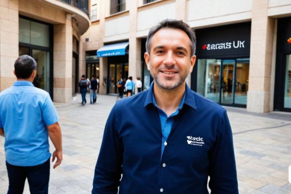 un home de peu davant d'una botiga amb un somriure a la cara i una camisa blava, Edo Murtić, weta digital, a stock photo, les automatistes