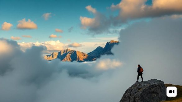 un home dempeus al cim d'una muntanya per sobre dels núvols i muntanyes a la distància amb un cel ple de núvols, Bernd Fasching, foto guanyadora d'un premi, una foto d'estoc, fotografia d'art
