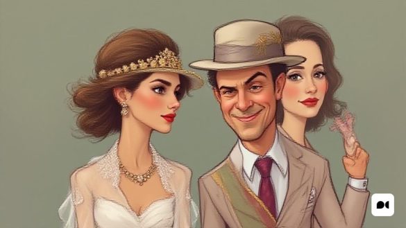 un home i dues dones vestits amb roba formal i barrets, un dels quals apunta cap al costat, Altoon Sultan, il·lustració ultra realista, il·lustració d'un llibre de contes, art figuratiu