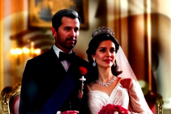 un home i una dona amb vestit de núvia al costat de l'altre en una habitació amb parets daurades i un canelobre, Altoon Sultan, imatge promocional, una foto acolorida, art qajar